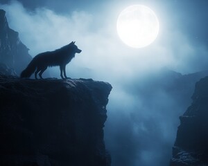Wolf silhouette on cliff at night
