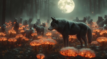 Wolf standing in a field of pumpkins under moonlight
