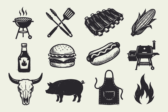 Hand Drawn Barbecue and Grilling Icons Set. Vintage BBQ, Meat, and Tools Collection.