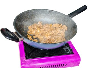 Stir-fry Sliced Beef in a Wok on Portable Stove