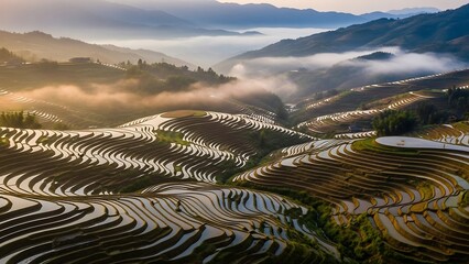 Rice terraces in mountainous landscape with fog.
