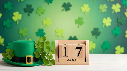 St Patricks Day celebration with green hat and calendar transparent background