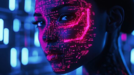 Woman face digital neon lights