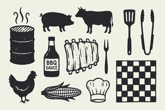 Vintage BBQ and Grilling Icons Set: Meats, Utensils, Sauce, and Grill Elements