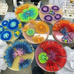 Multiple colorful microbial colonies exhibit intricate branching growth patterns on laboratory culture dishes