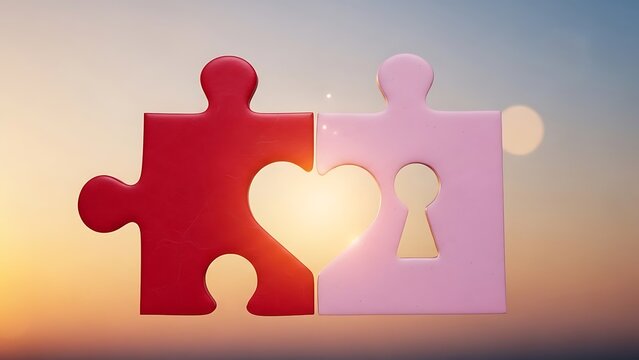 Valentines day puzzle pieces with heart shape forming a perfect love match on a romantic gradient background