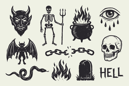 Dark Occult Vector Illustration Set: Devil, Skeleton, Skull, Fire, and Hell Symbols