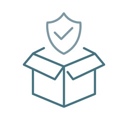 Package protection icon. Secure delivery concept. Shipping insurance and safe logistics symbol. Cargo safety and guaranteed transport vector pictogram. Box and shield emblem.