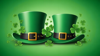 Two green hats with gold buckles and shamrocks around  St Patricks Day transparent background