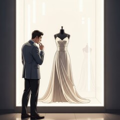 Man Looking at Wedding Dress in Store Window Considering Purchase Decision.jpg