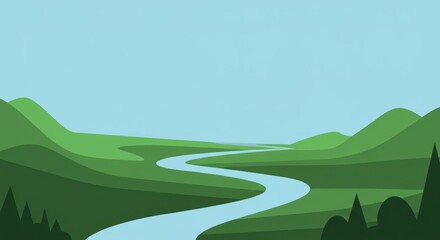Obraz premium Serene Winding River Through Lush Green Rolling Hills Under Clear Blue Sky.