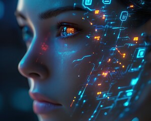 Woman with glowing digital interface