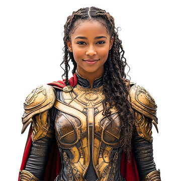 Front view mid body shot of a person in Sif costume smiling isolated on a white transparent background