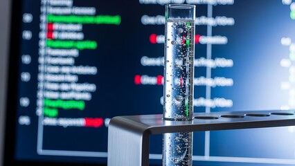 A test tube with bubbling clear liquid stands in a metal rack against a blurred digital data screen.