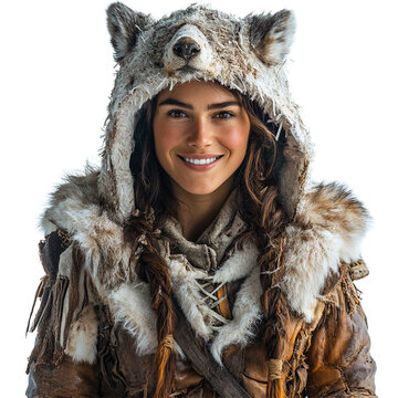 Front view mid body shot of a person in Skadi costume smiling isolated on a white transparent background