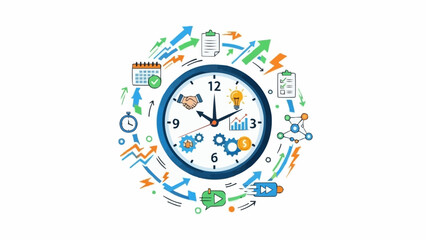 Clock surrounded by business icons representing time management and productivity.