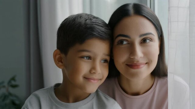 Intimate moment of an Arabic mother and son sitting together near a window in a cozy indoor setting