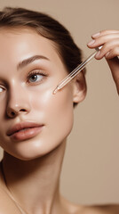 Beautiful Woman Applying Liquid Face Serum with Pipette