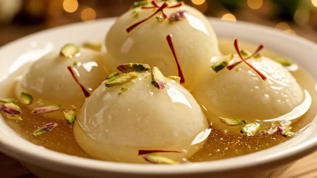 Close up of syrup soaked dessert balls in a white bowl garnished with nuts