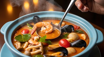 Steaming hot seafood and mushroom soup is served in a light blue ceramic bowl