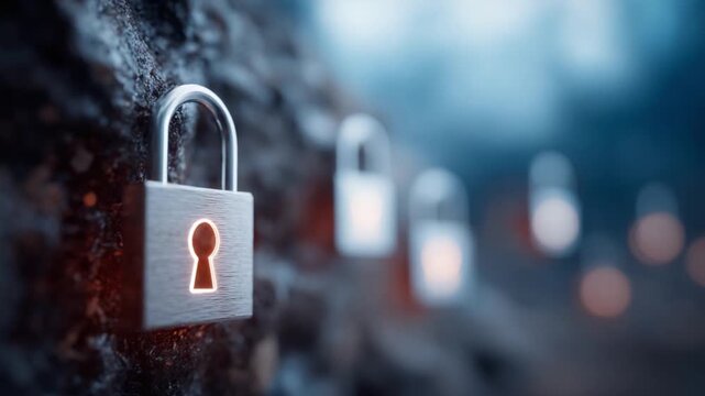 Protection Fortress: A row of securely locked padlocks on a textured, rugged surface symbolize robust protection and impenetrable security, safeguarding against digital threats.