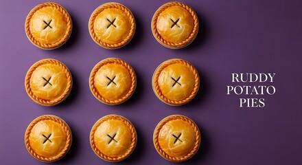 Nine golden baked savory pastries are symmetrically arranged on a solid purple surface