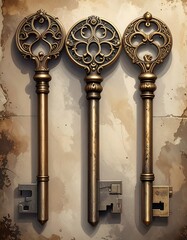 Three Antique Keys - A Study in Ornate Design and Historical Artifacts.