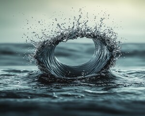 Dynamic shot of a ring of water exploding from ocean waves, forming a water portal