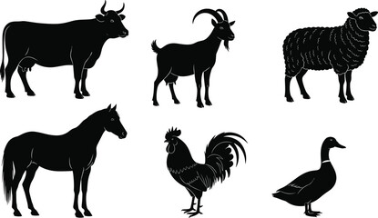 Fototapeta premium Farm animal silhouette vector set, black profile icons, cow, goat, sheep, horse, rooster, duck, livestock illustration, agriculture, rural design