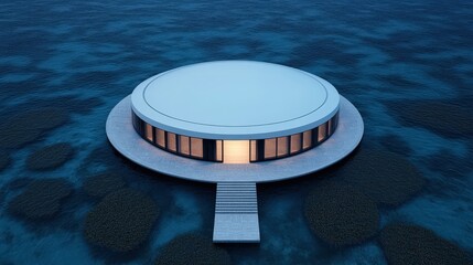 A modern, circular building sits surrounded by water, connected by a walkway and illuminated softly at dusk.