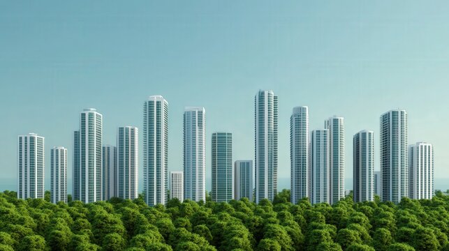 Modern skyscrapers rise above a lush green forest under a clear blue sky, illustrating urban development blending with nature. - Powered by Adobe