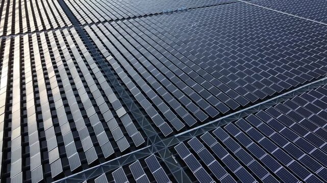 Floating solar farm by mountain lake