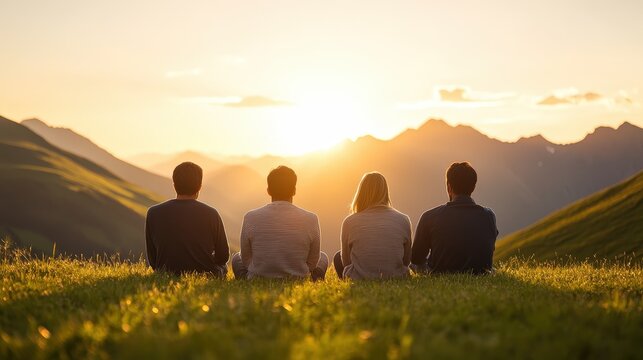 Four people sit on a grassy hill, watching a beautiful mountain sunset together in peaceful silence.