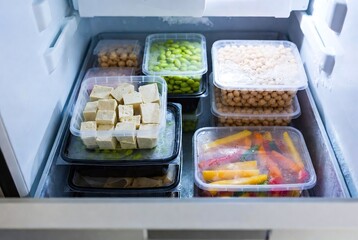 Healthy Meal Prep with Tofu, Vegetables, and Salad Ingredients: Plant-Based Fridge and Freezer Storage Solutions for Enhanced Nutrition and Sustainable Eating Habits