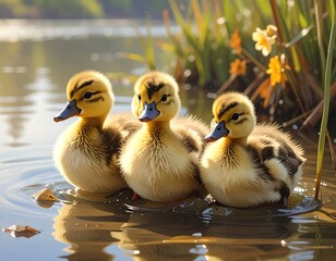 Three Ducklings Swimming in a Pond on a Sunny Day.