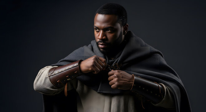 Black man in medieval fantasy costume fastening dark cloak clasp