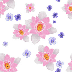 colorful flowers pansies and lotus. Hand drawn seamless pattern. 