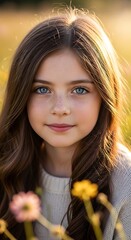 Portrait highlights vibrant blue eyes and flowing brown hair of a young girl outdoors during golden hour