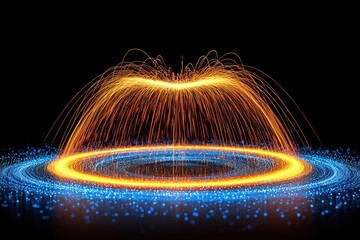 Glowing, circular energy field emitting sparks and light trails, set against a black backdrop