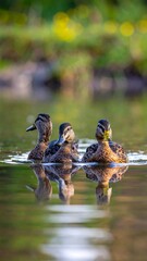 Three Mallard Ducks Swimming Calmly in a Serene Pond.