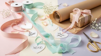 Gift wrapping process with ribbons and scissors on a pastel background
