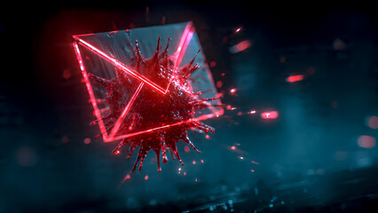 A highly detailed 3D illustration of a malicious digital virus entity, shaped like an organism, invading an email, exploding into a holographic email envelope icon.
