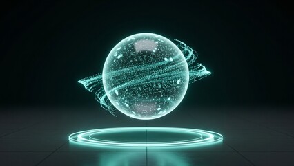 A luminous crystal globe filled with glowing teal particles and swirling data waves hovers over a neon light circle on a reflective dark grid floor.
