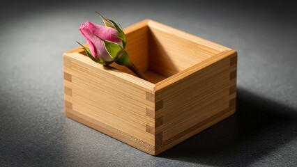 Wooden box with pink flower inside.