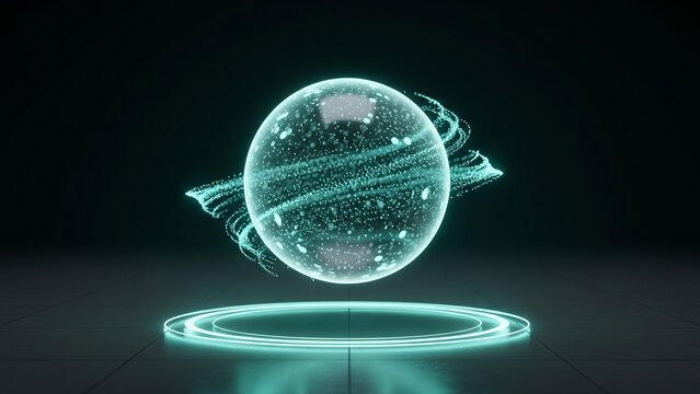 A luminous crystal globe filled with glowing teal particles and swirling data waves hovers over a neon light circle on a reflective dark grid floor. - Powered by Adobe