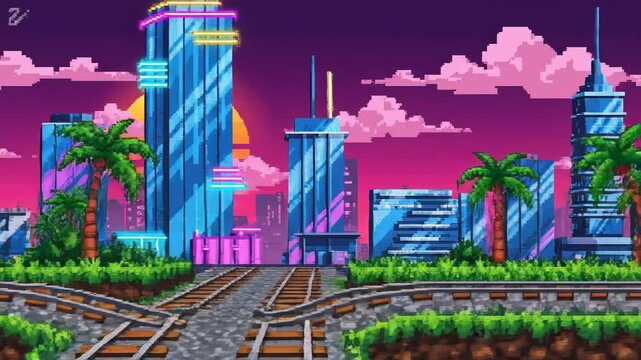 Vibrant pixel art cityscape with palm trees at sunset in a futuristic tropical environment