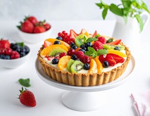 Vibrant fresh fruit tart dessert with smooth cream base topped with colorful berries kiwi and orange slices on a white cake stand