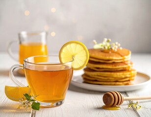 Refreshing glass of lemon tea is served with a stack of golden pancakes drizzled with sweet honey for a delicious morning breakfast