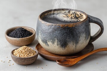 Aromatic Black Coffee in Handmade Ceramic Cup with Sesame Seeds and Spoon