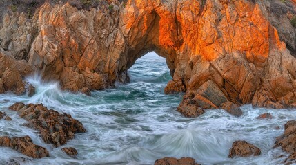 Ocean waves crash through a rock arch at sunrise, golden light illuminating the rugged landscape